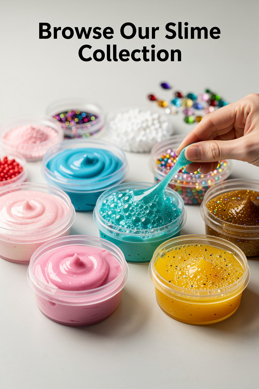 RM slime dxb pre-made slime collection with vibrant colors, glitter, and textures