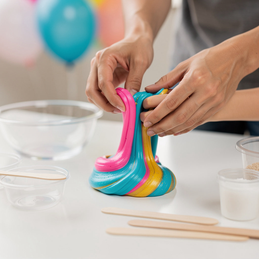 RM slime dxb creative slime workshop showing colorful handmade slime and sensory play materials for Dubai families
